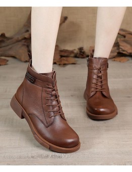 Brown Cowhide Leather Boots Cross Strap Ankle boots