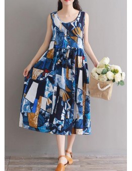 Modern blue floral linen cotton clothes For Women tie waist loose summer Dress