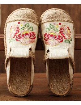 Simple Splicing Flat Shoes Beige Embroideried Cotton Linen Fabric